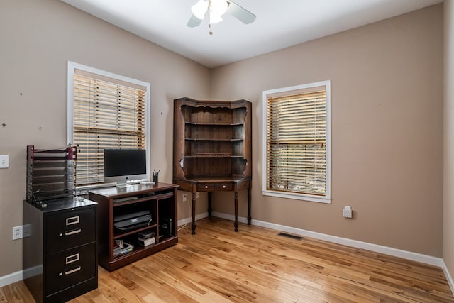 home office with light wood finished floors, baseboards, and visible vents