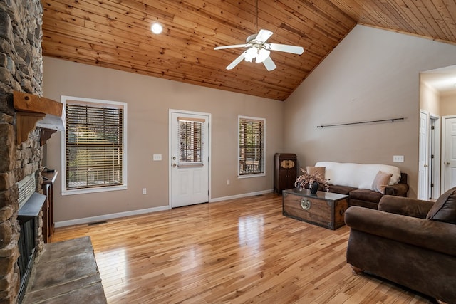 living area featuring a ceiling fan, wood ceiling, high vaulted ceiling, light wood-type flooring, and baseboards