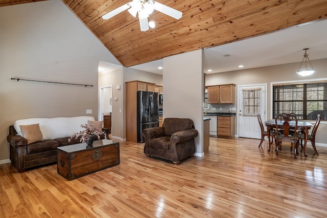 living room featuring high vaulted ceiling, wood ceiling, light wood-style flooring, and baseboards