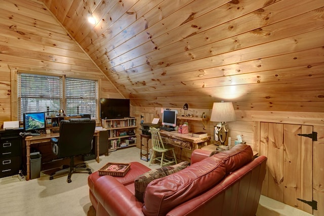 carpeted home office with wooden walls, wooden ceiling, and vaulted ceiling