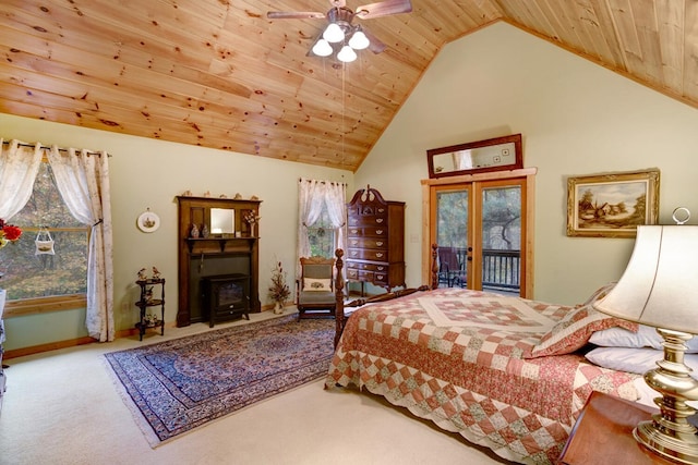 bedroom featuring wood ceiling, carpet floors, french doors, high vaulted ceiling, and access to outside