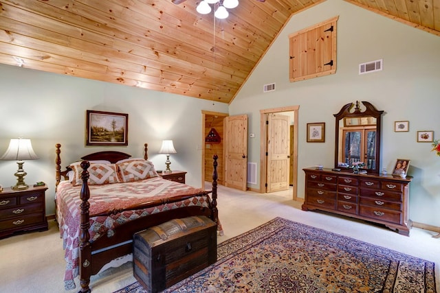 bedroom with visible vents, carpet, and wood ceiling