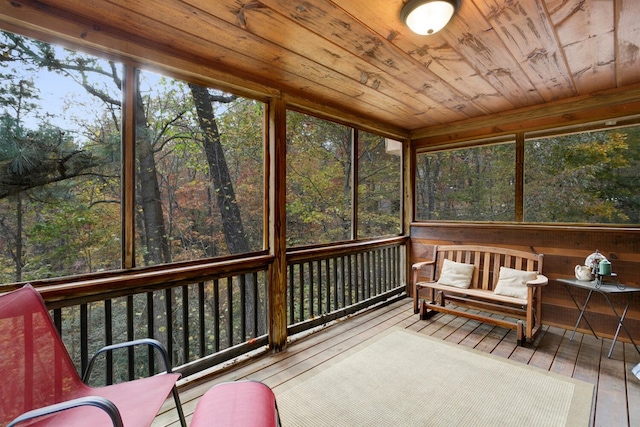 sunroom featuring wooden ceiling