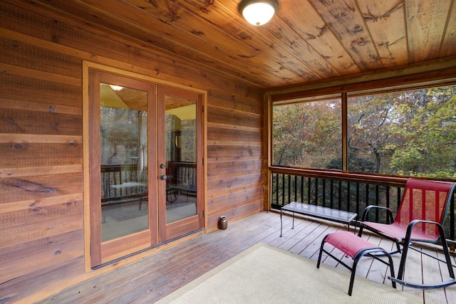 sunroom / solarium featuring wooden ceiling, french doors, and a sauna