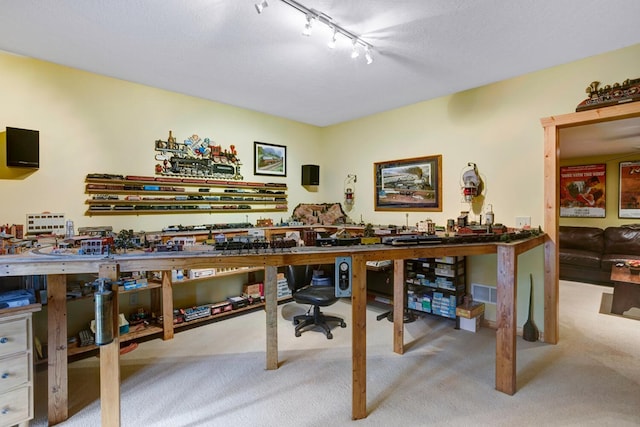 interior space featuring track lighting, a workshop area, carpet, and visible vents