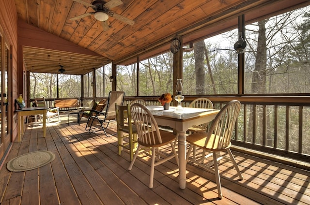 sunroom / solarium featuring lofted ceiling, ceiling fan, and wooden ceiling