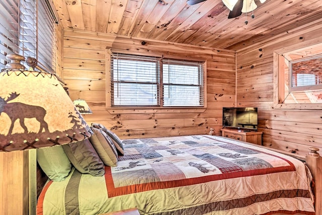 bedroom with ceiling fan, wooden ceiling, and wood walls