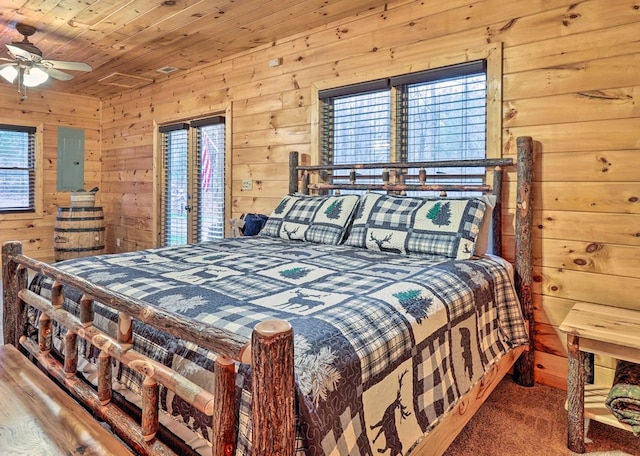 bedroom featuring ceiling fan, electric panel, wood ceiling, and wooden walls