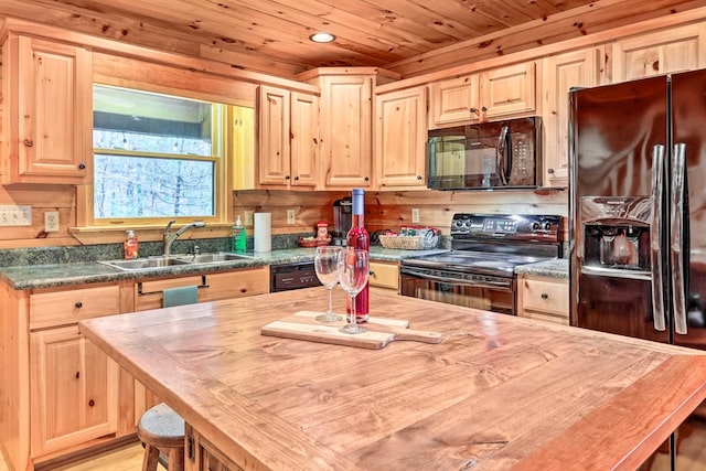 kitchen with black appliances, wooden ceiling, sink, and wooden counters