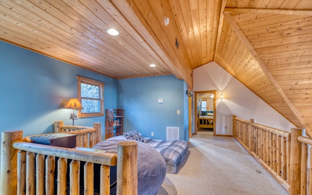 carpeted bedroom featuring wood ceiling and lofted ceiling