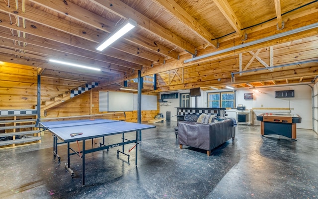 playroom with wooden walls