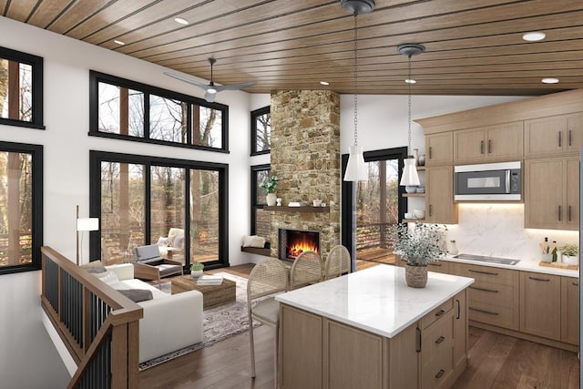 living room with dark hardwood / wood-style floors, a stone fireplace, wood ceiling, and high vaulted ceiling