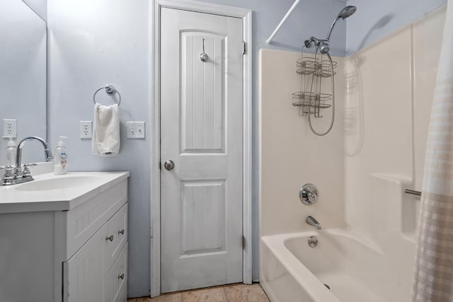 bathroom with shower / bath combination with curtain and vanity