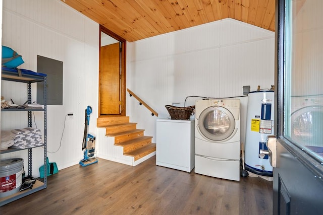 laundry area with electric panel, washer and dryer, water heater, dark hardwood / wood-style flooring, and wood ceiling