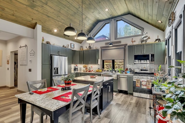 kitchen featuring backsplash, stainless steel appliances, decorative light fixtures, wooden ceiling, and light hardwood / wood-style floors