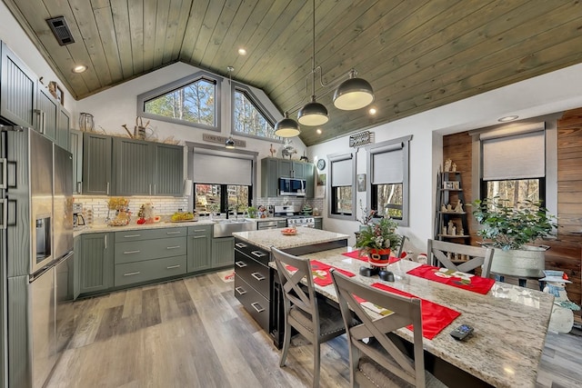 kitchen featuring wooden ceiling, sink, light wood-type flooring, decorative light fixtures, and stainless steel appliances