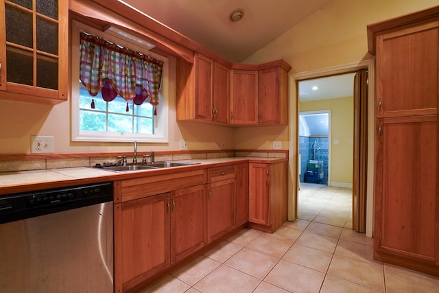 289 12 Point Rd, Blairsville, GA 30512 - kitchen with dishwasher, a sink, tile counters, lofted ceiling, and light tile patterned floors