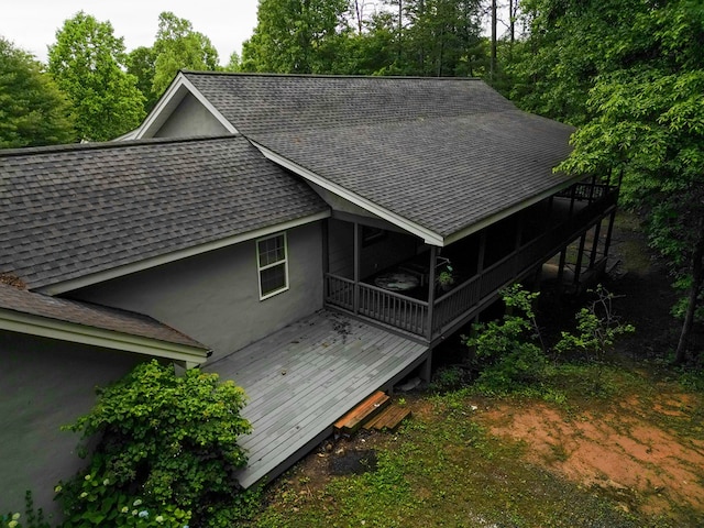 289 12 Point Rd, Blairsville, GA 30512 - back of property with a shingled roof, a deck, and stucco siding