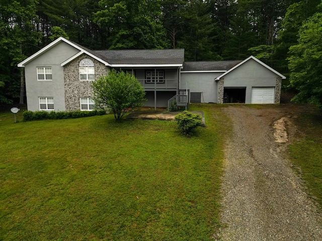 289 12 Point Rd, Blairsville, GA 30512 - view of front of property featuring stairway, a front yard, driveway, stucco siding, and an attached garage