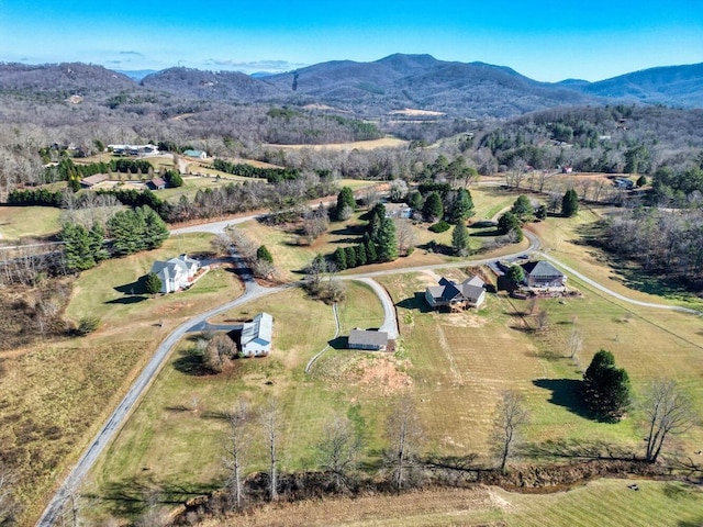 bird's eye view featuring a mountain view and a rural view