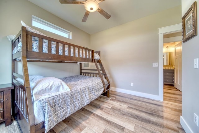 bedroom featuring ceiling fan and light wood-type flooring