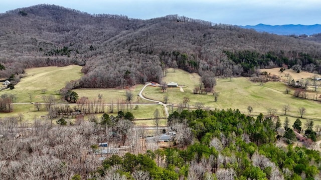 aerial view with a wooded view, a rural view, and a mountain view