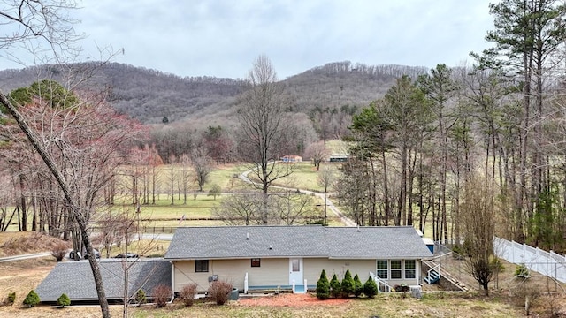 rear view of property with a mountain view, a shingled roof, and fence