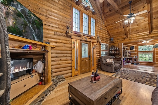 living room featuring wood ceiling, wood-type flooring, beamed ceiling, high vaulted ceiling, and ceiling fan