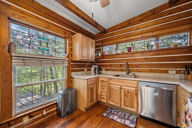 kitchen featuring lofted ceiling with beams, dark wood-type flooring, dishwasher, ceiling fan, and sink