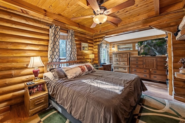 bedroom with rustic walls, ceiling fan, wooden ceiling, and hardwood / wood-style floors