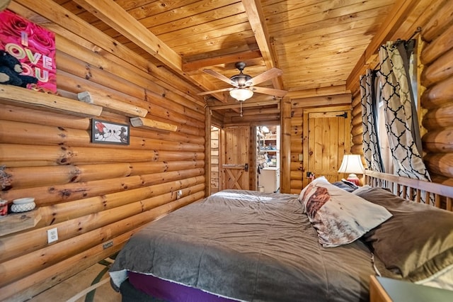 bedroom with wooden ceiling, log walls, beam ceiling, and ceiling fan