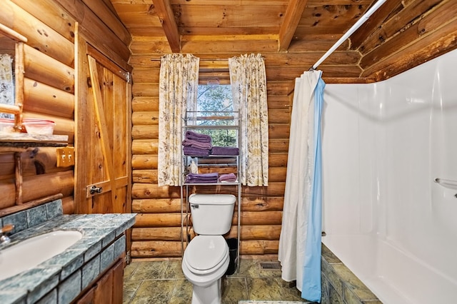 full bathroom featuring toilet, rustic walls, beam ceiling, and shower / bathtub combination with curtain