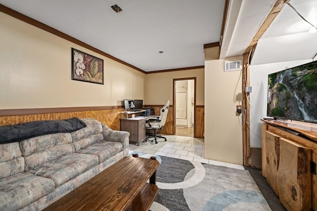 tiled living room with wooden walls and ornamental molding