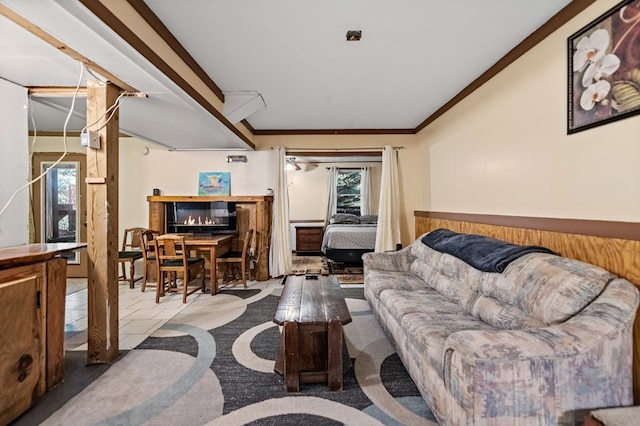 living room with a fireplace and crown molding