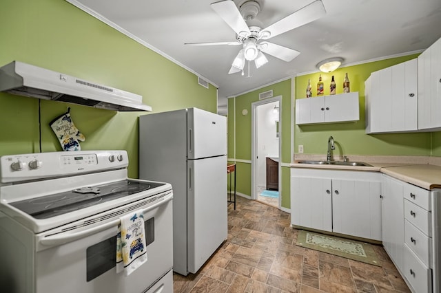 kitchen featuring white cabinets, white appliances, ceiling fan, range hood, and sink