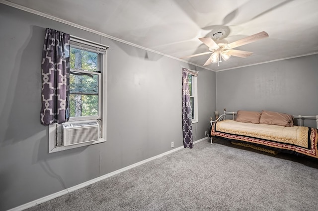 bedroom featuring ceiling fan, cooling unit, carpet floors, and ornamental molding