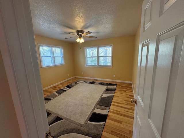 interior space featuring ceiling fan, baseboards, light wood-style floors, and a textured ceiling