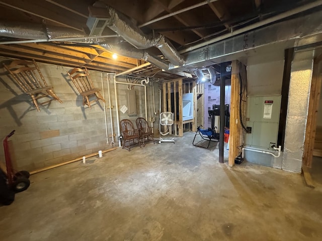 unfinished basement featuring concrete block wall