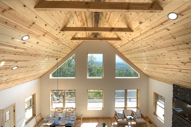 interior space featuring hardwood / wood-style floors, wooden ceiling, beam ceiling, and a notable chandelier