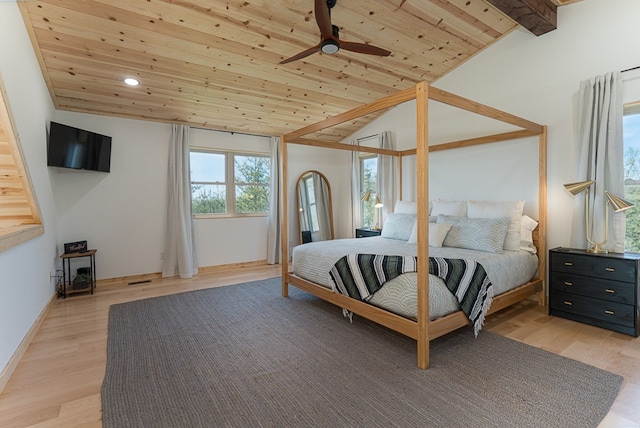 bedroom with wooden ceiling, light hardwood / wood-style floors, ceiling fan, and vaulted ceiling with beams