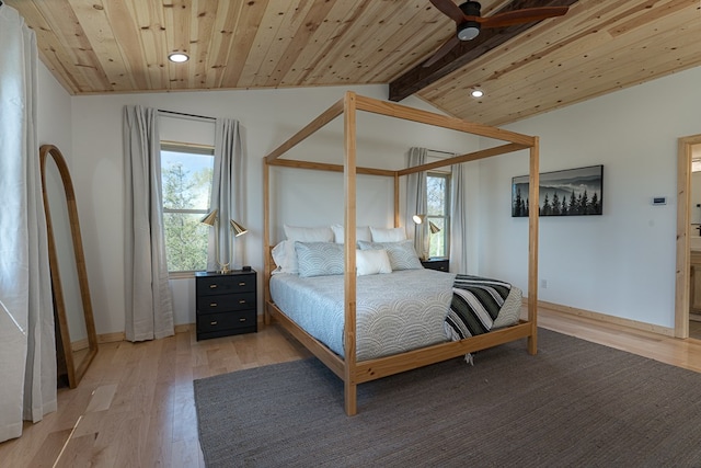 bedroom featuring light wood-type flooring, wood ceiling, ceiling fan, and vaulted ceiling with beams