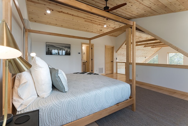 bedroom featuring hardwood / wood-style floors, wooden ceiling, ceiling fan, and lofted ceiling