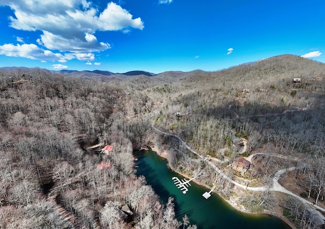 drone / aerial view with a water and mountain view and a view of trees