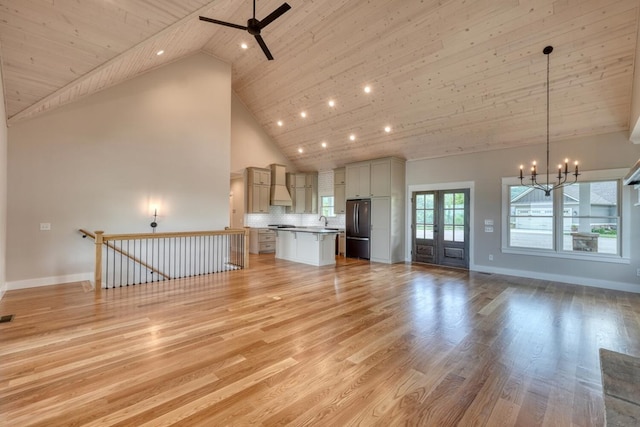 unfurnished living room featuring wood ceiling, ceiling fan with notable chandelier, a sink, high vaulted ceiling, and baseboards