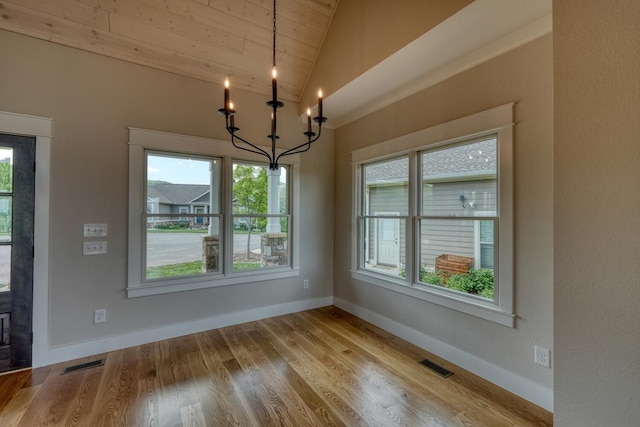 unfurnished dining area featuring a healthy amount of sunlight, a chandelier, wood ceiling, and visible vents