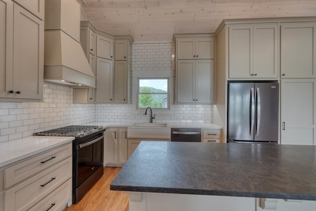 kitchen featuring a sink, backsplash, custom range hood, and appliances with stainless steel finishes