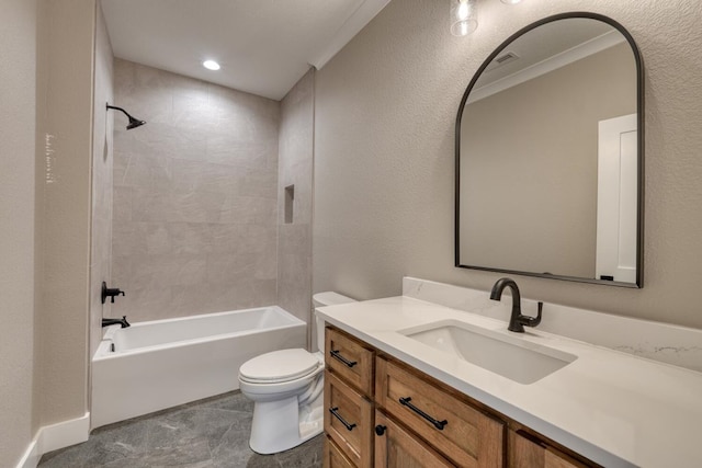 full bathroom with toilet, bathing tub / shower combination, and vanity