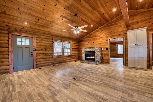 unfurnished living room with high vaulted ceiling, light wood-type flooring, rustic walls, a fireplace, and wood ceiling