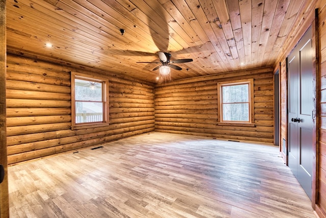 unfurnished room featuring log walls, wood ceiling, and light wood-type flooring