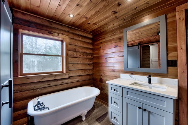 bathroom with a bathing tub, log walls, wooden ceiling, hardwood / wood-style floors, and vanity